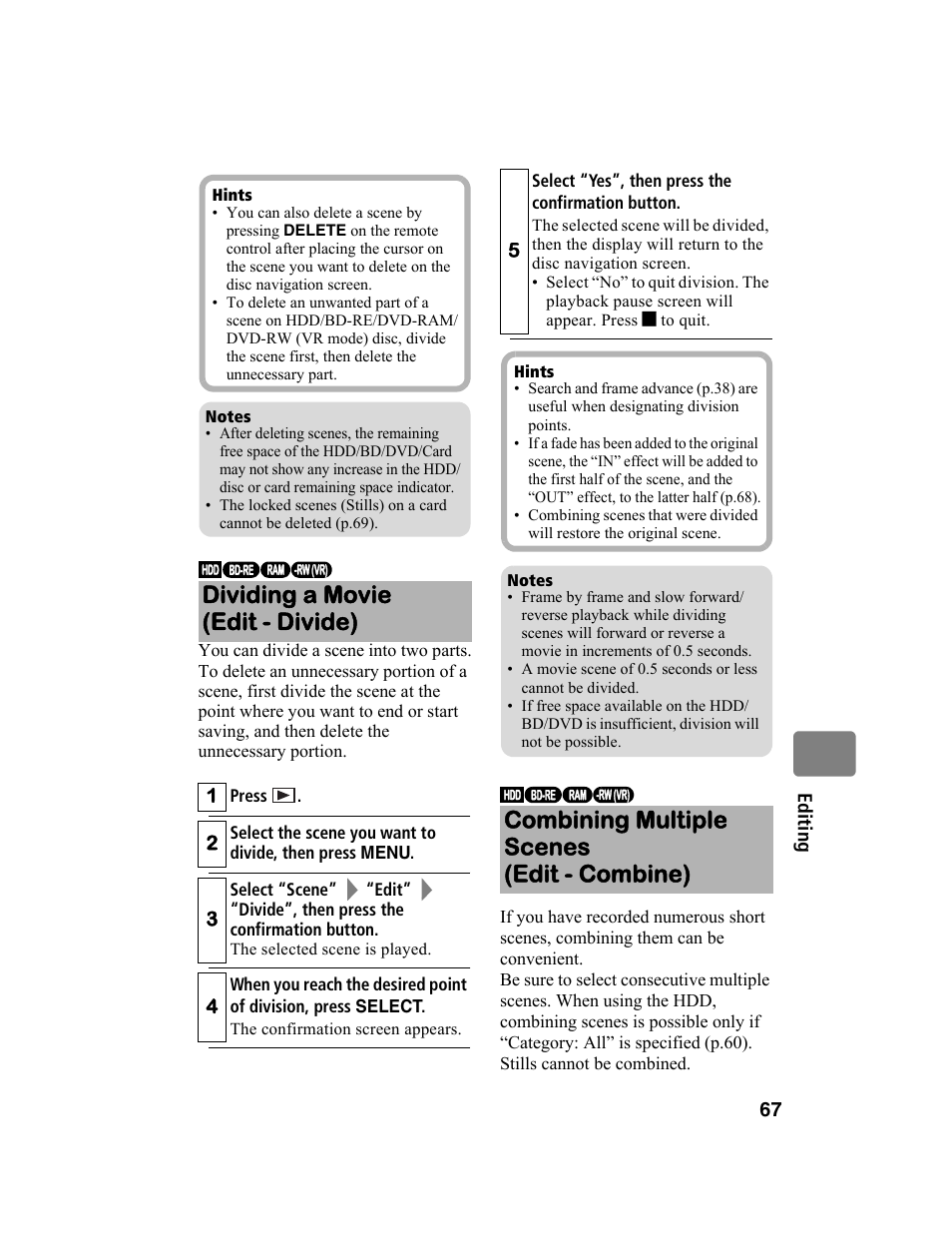 Dividing a movie (edit - divide), Combining multiple scenes (edit - combine) | Hitachi DZ-BD10HA User Manual | Page 67 / 121