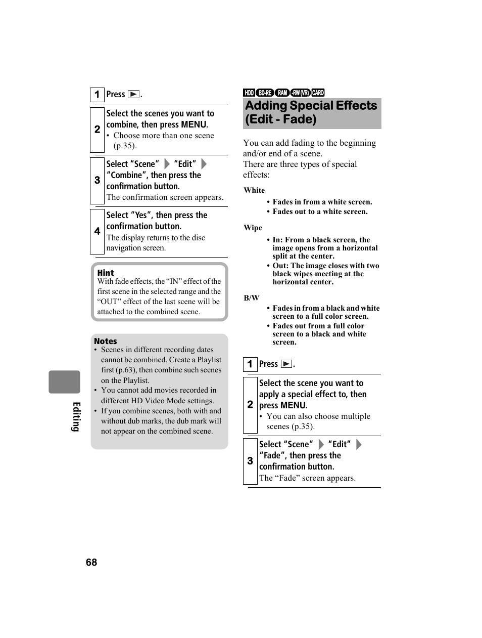 Adding special effects (edit - fade) | Hitachi DZ-BD10HA User Manual | Page 68 / 121
