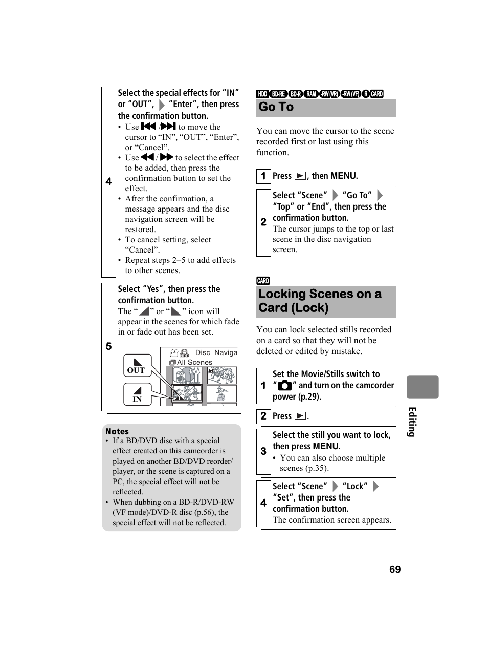 Go to, Locking scenes on a card (lock) | Hitachi DZ-BD10HA User Manual | Page 69 / 121