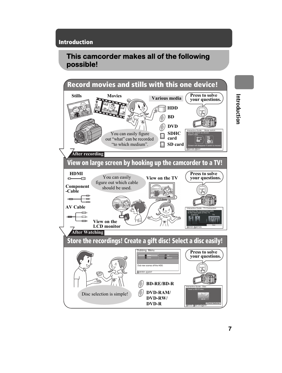 This camcorder makes all of the following possible, 7in tr od uctio n, Introduction | Hitachi DZ-BD10HA User Manual | Page 7 / 121