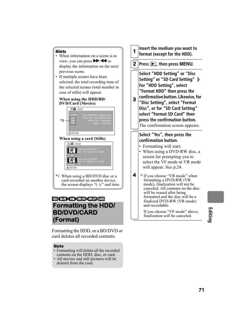 Formatting the hdd/ bd/dvd/card (format), 71 ed itin g, Press , then press menu | Select “yes”, then press the confirmation button | Hitachi DZ-BD10HA User Manual | Page 71 / 121