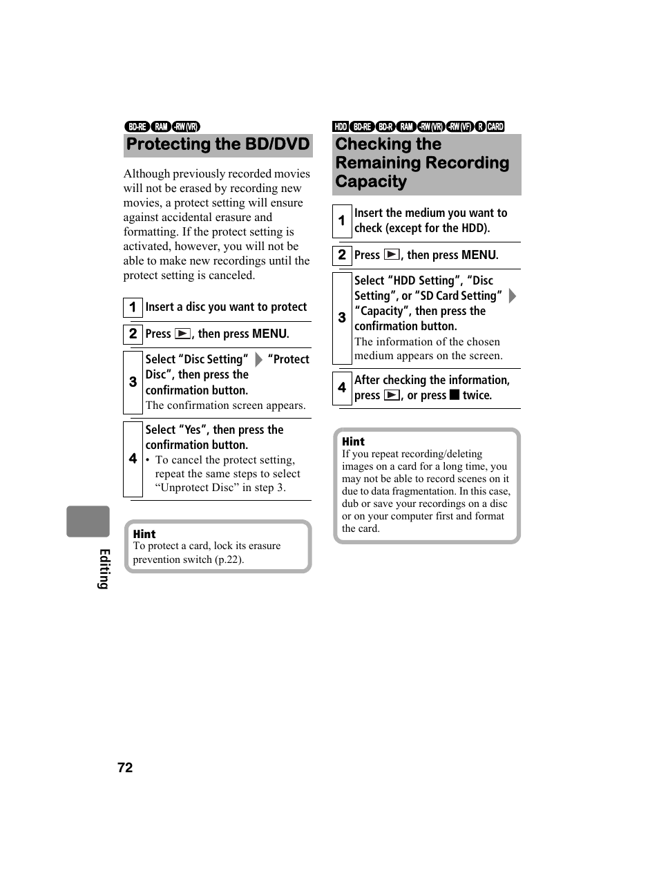 Protecting the bd/dvd, Checking the remaining recording capacity | Hitachi DZ-BD10HA User Manual | Page 72 / 121