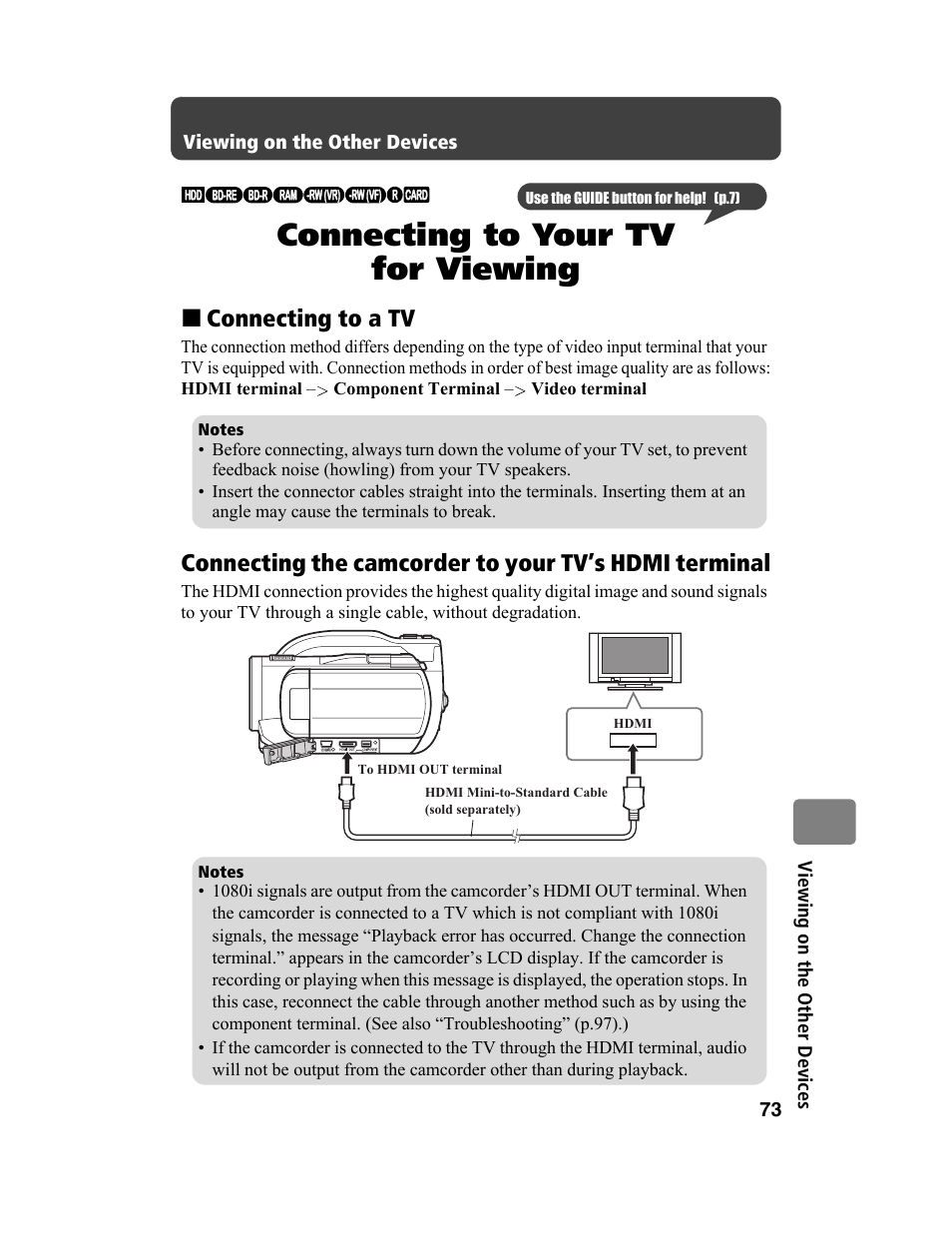 Connecting to your tv for viewing, Connecting to a tv | Hitachi DZ-BD10HA User Manual | Page 73 / 121