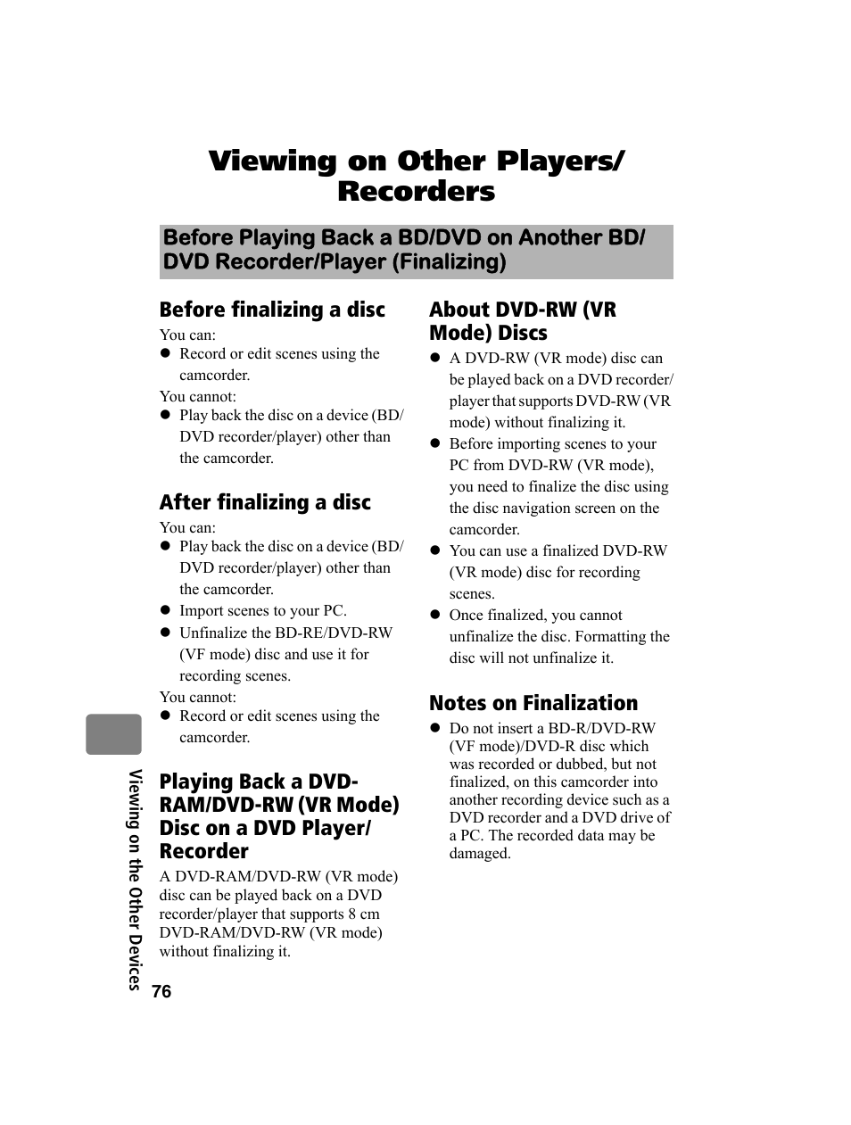 Viewing on other players/ recorders, Before finalizing a disc, After finalizing a disc | About dvd-rw (vr mode) discs | Hitachi DZ-BD10HA User Manual | Page 76 / 121