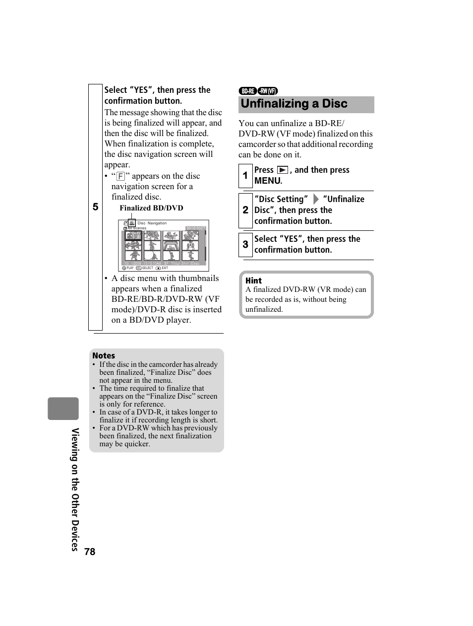 Unfinalizing a disc | Hitachi DZ-BD10HA User Manual | Page 78 / 121