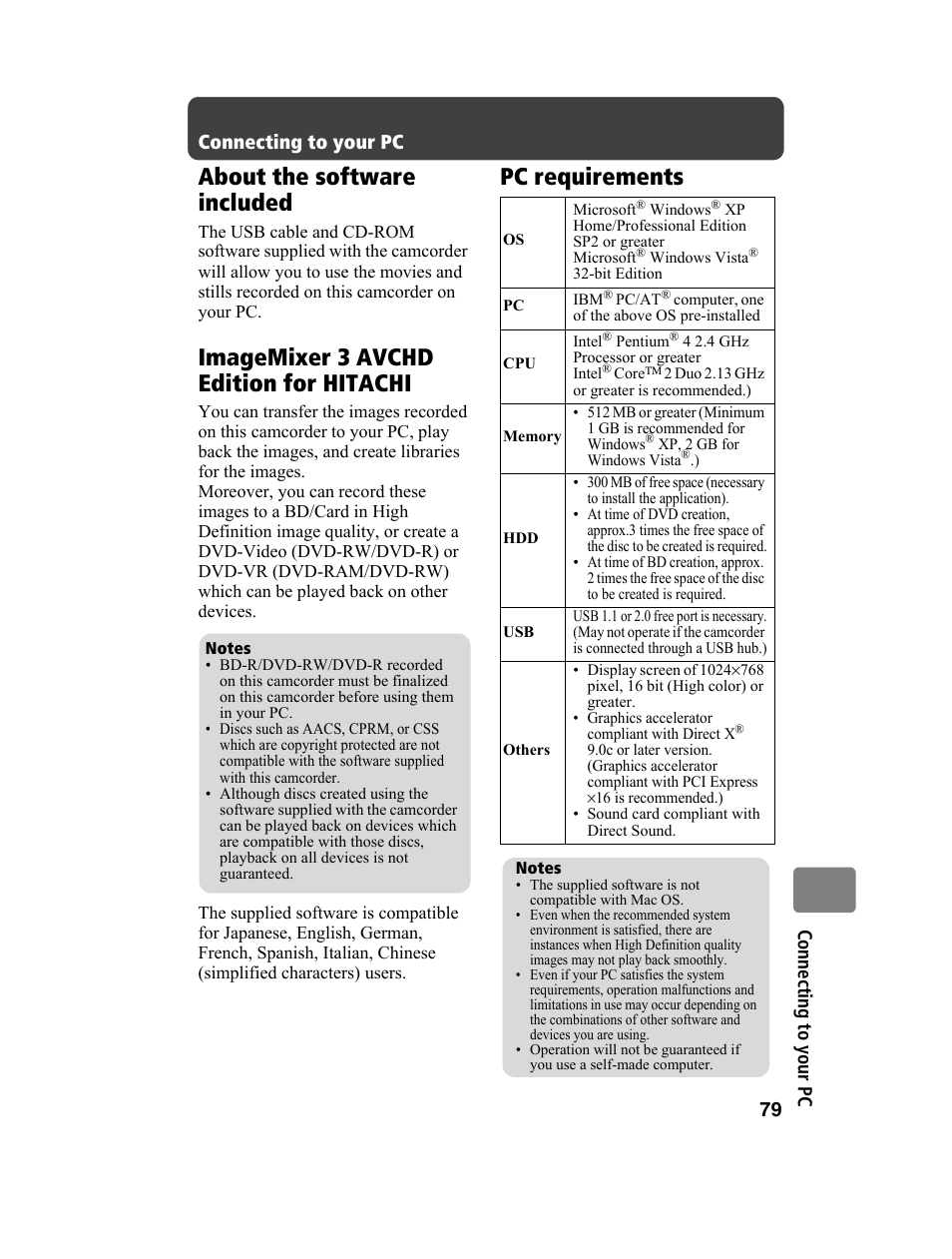 About the software included, Imagemixer 3 avchd edition for hitachi, Pc requirements | 79 connectin g to y o ur p c, Connecting to your pc | Hitachi DZ-BD10HA User Manual | Page 79 / 121