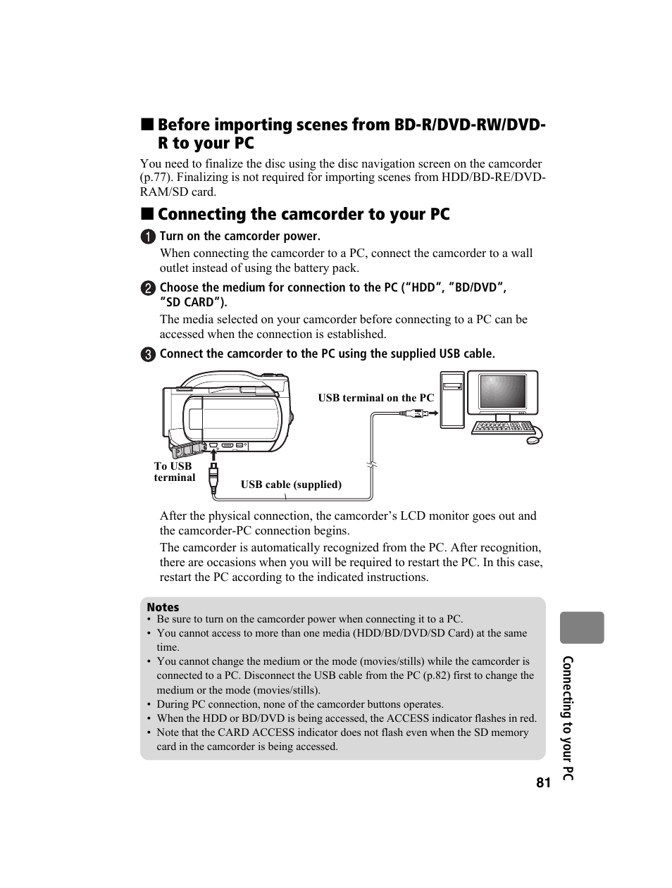 Connecting the camcorder to your pc | Hitachi DZ-BD10HA User Manual | Page 81 / 121
