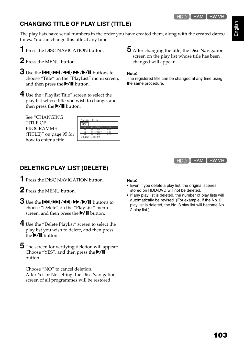 Changing title of play list (title), Deleting play list (delete) | Hitachi DZ-HS500SW User Manual | Page 103 / 160