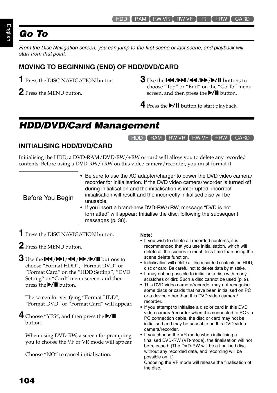 Go to, Hdd/dvd/card management | Hitachi DZ-HS500SW User Manual | Page 104 / 160