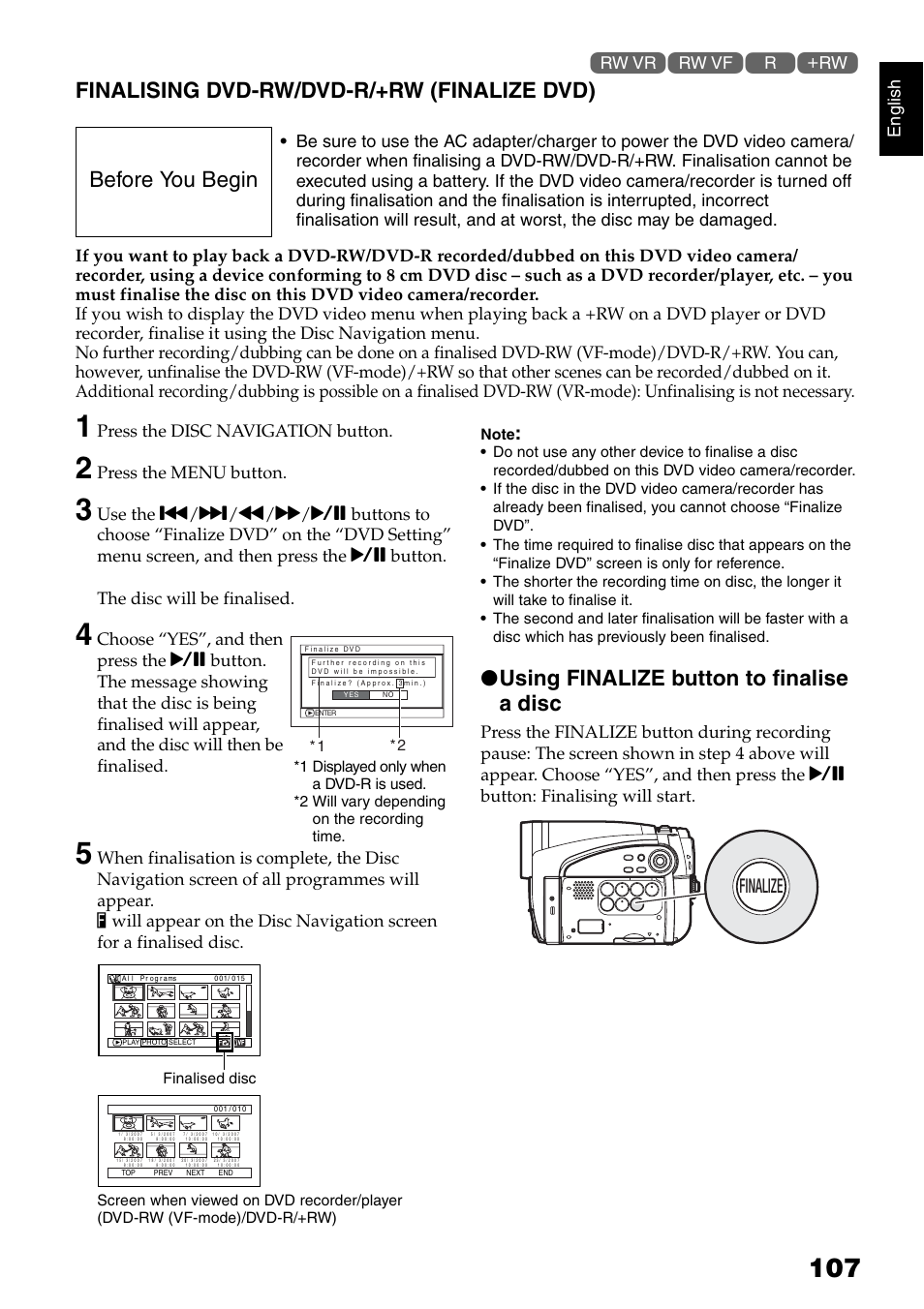 Finalising dvd-rw/dvd-r/+rw (finalize dvd), Using finalize button to finalise a disc, Before you begin | Finalize, En g lish, Press the disc navigation button, Press the menu button | Hitachi DZ-HS500SW User Manual | Page 107 / 160