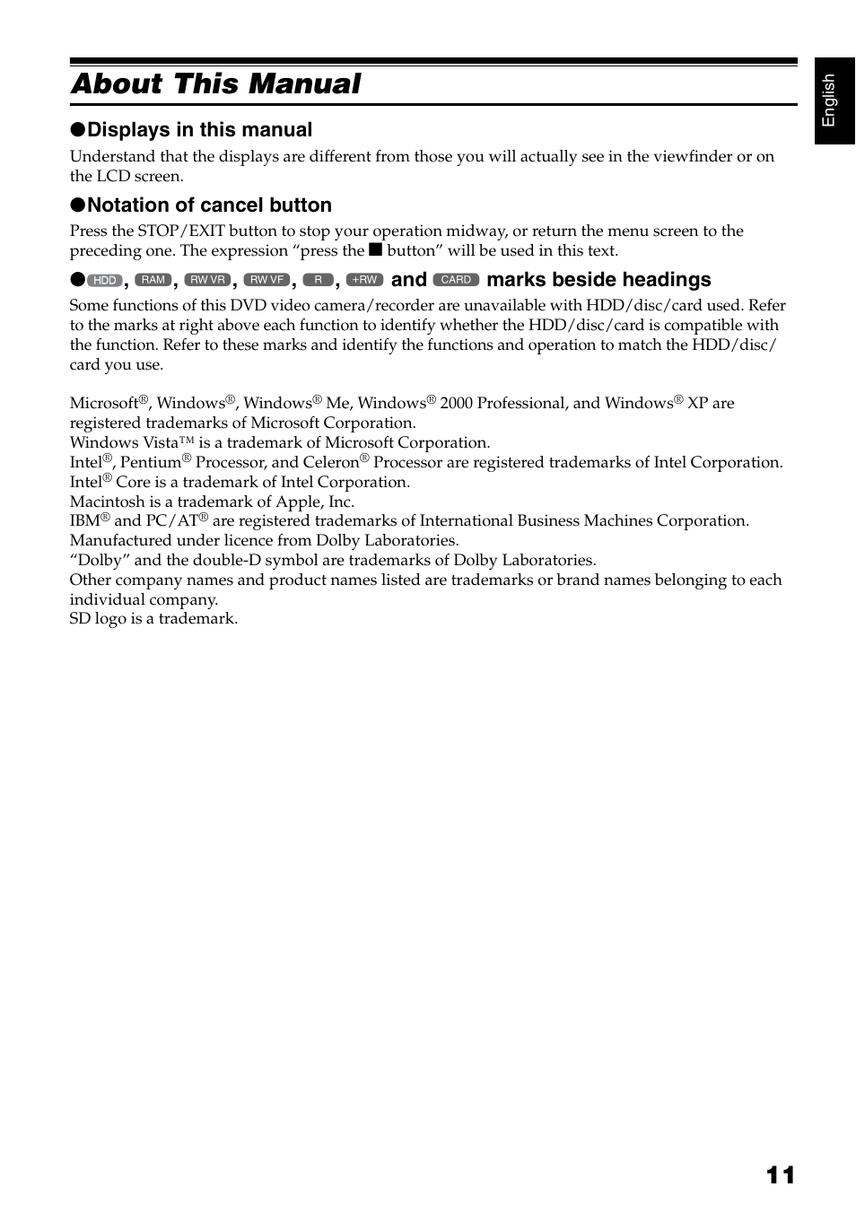 About this manual, Displays in this manual, Notation of cancel button | Marks beside headings | Hitachi DZ-HS500SW User Manual | Page 11 / 160