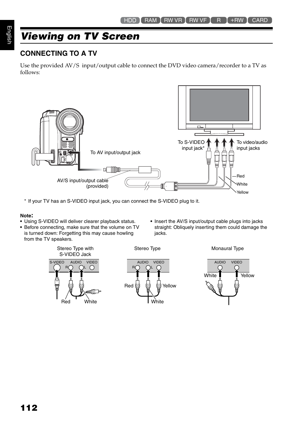 Viewing on tv screen, Connecting to a tv | Hitachi DZ-HS500SW User Manual | Page 112 / 160
