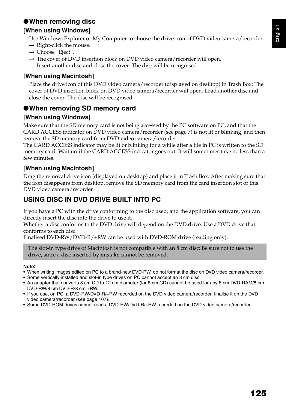 When removing disc, Using disc in dvd drive built into pc | Hitachi DZ-HS500SW User Manual | Page 125 / 160