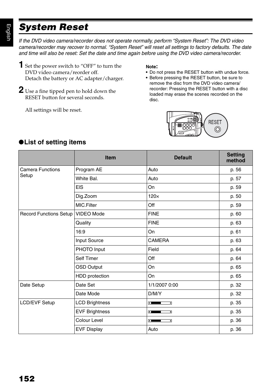 System reset, List of setting items | Hitachi DZ-HS500SW User Manual | Page 152 / 160