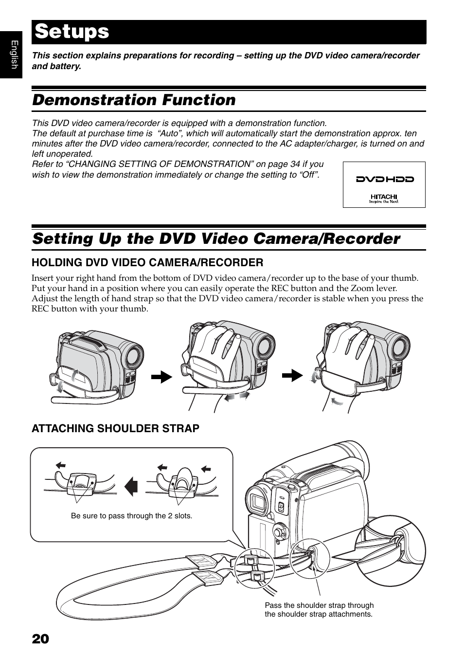 Setups, Demonstration function, Setting up the dvd video camera/recorder | Hitachi DZ-HS500SW User Manual | Page 20 / 160