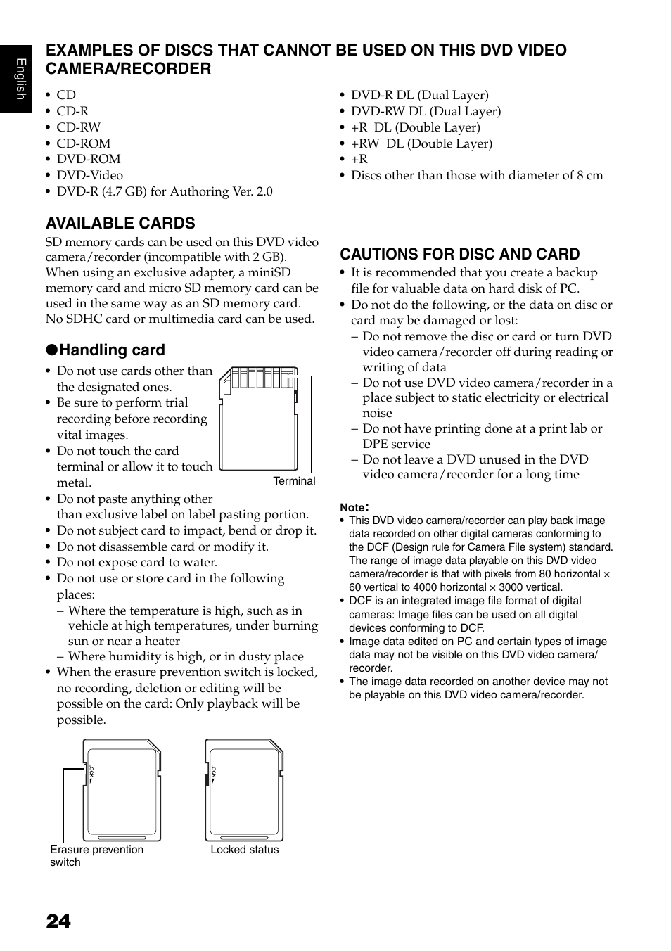 Available cards, Handling card, Cautions for disc and card | Hitachi DZ-HS500SW User Manual | Page 24 / 160