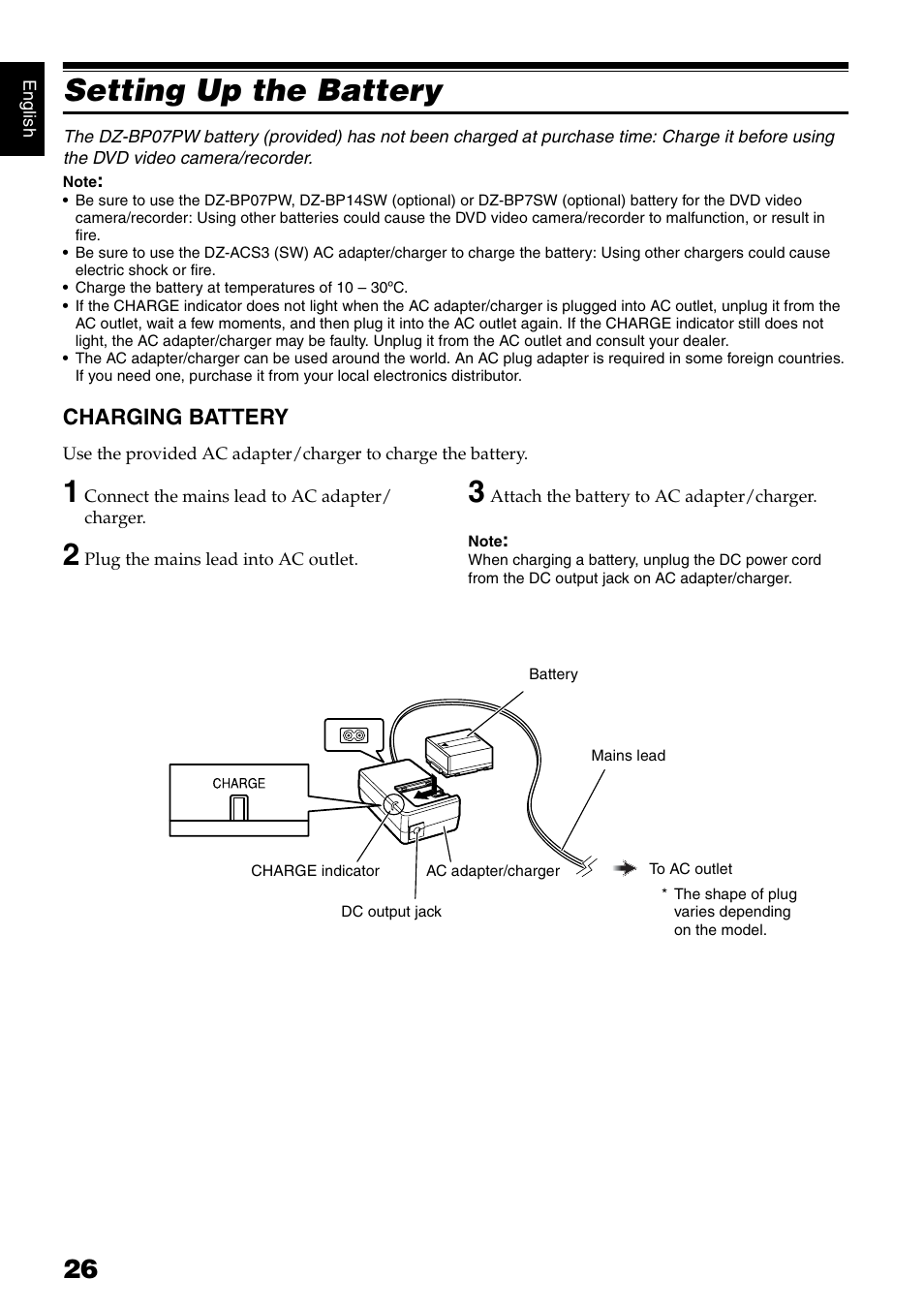 Setting up the battery, Charging battery | Hitachi DZ-HS500SW User Manual | Page 26 / 160