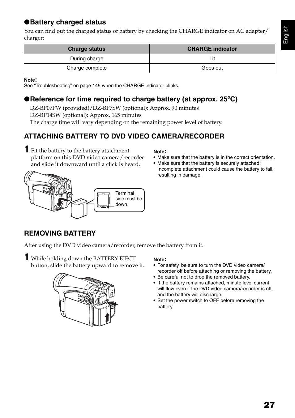 Battery charged status, Attaching battery to dvd video camera/recorder, Removing battery | Hitachi DZ-HS500SW User Manual | Page 27 / 160