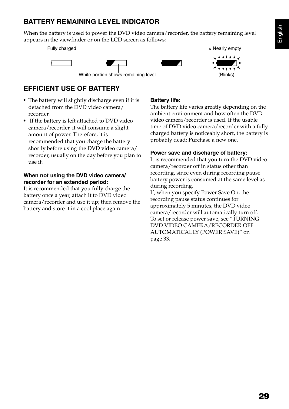 Battery remaining level indicator, Efficient use of battery | Hitachi DZ-HS500SW User Manual | Page 29 / 160
