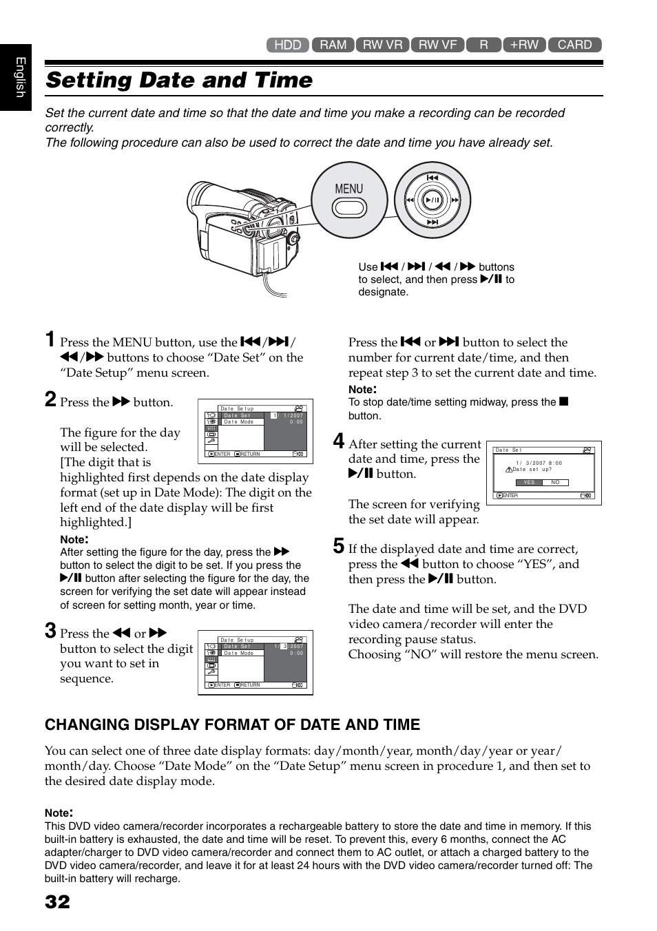 Setting date and time, Changing display format of date and time | Hitachi DZ-HS500SW User Manual | Page 32 / 160