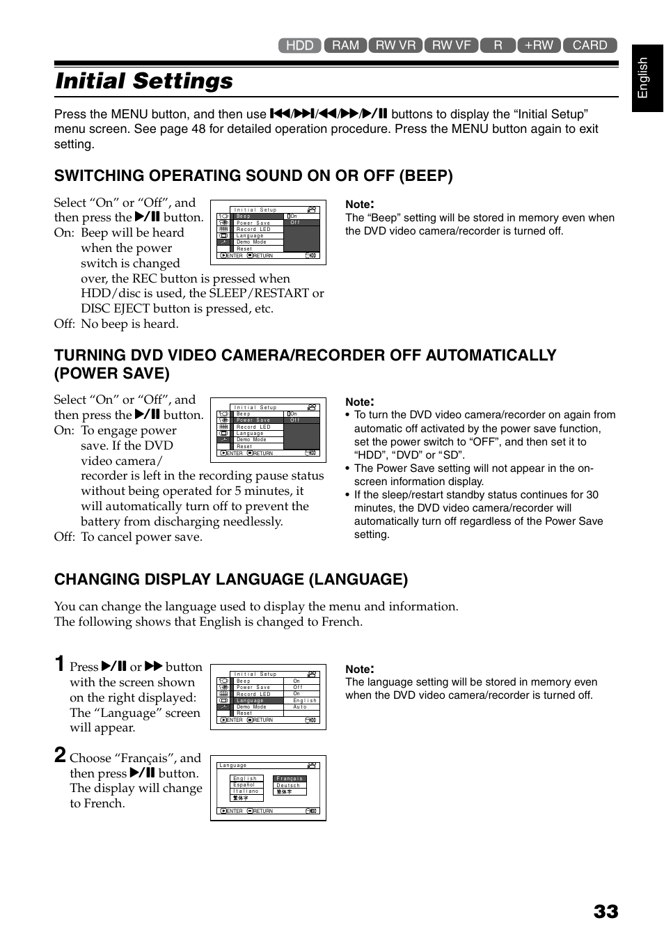 Initial settings, Switching operating sound on or off (beep), Changing display language (language) | English | Hitachi DZ-HS500SW User Manual | Page 33 / 160