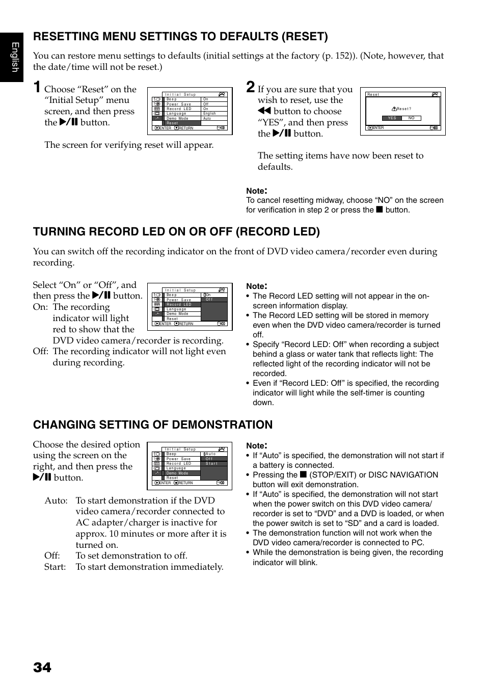 Resetting menu settings to defaults (reset), Turning record led on or off (record led), Changing setting of demonstration | English | Hitachi DZ-HS500SW User Manual | Page 34 / 160