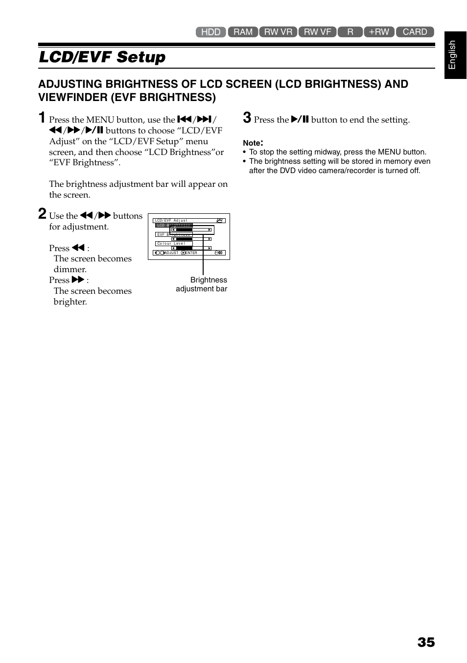 Lcd/evf setup | Hitachi DZ-HS500SW User Manual | Page 35 / 160