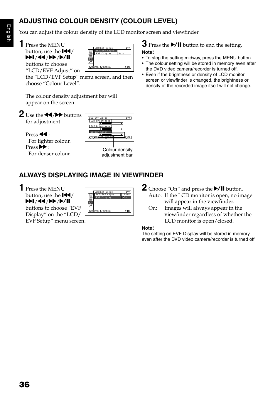 Adjusting colour density (colour level), Always displaying image in viewfinder | Hitachi DZ-HS500SW User Manual | Page 36 / 160