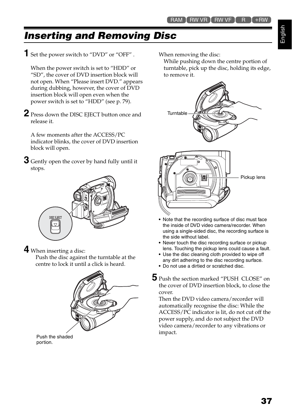 Inserting and removing disc 1 | Hitachi DZ-HS500SW User Manual | Page 37 / 160