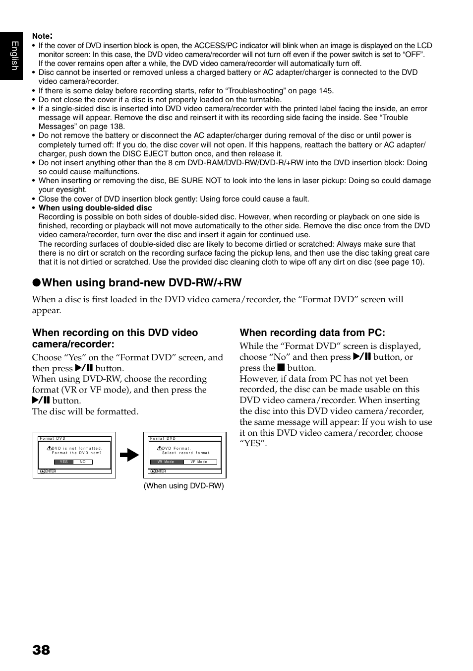 When using brand-new dvd-rw/+rw, When recording on this dvd video camera/recorder, When recording data from pc | English | Hitachi DZ-HS500SW User Manual | Page 38 / 160