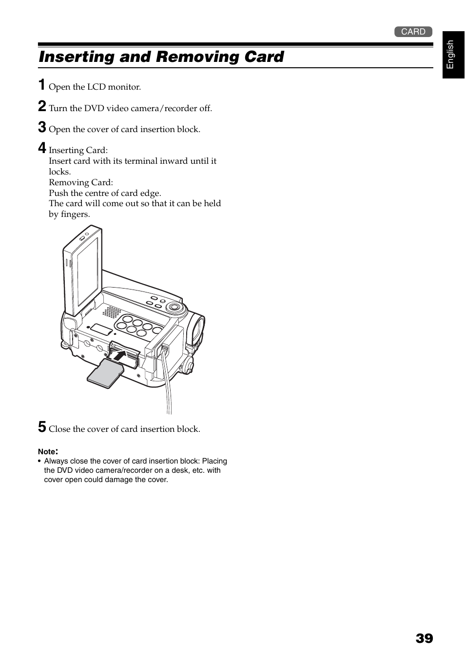 Inserting and removing card 1 | Hitachi DZ-HS500SW User Manual | Page 39 / 160