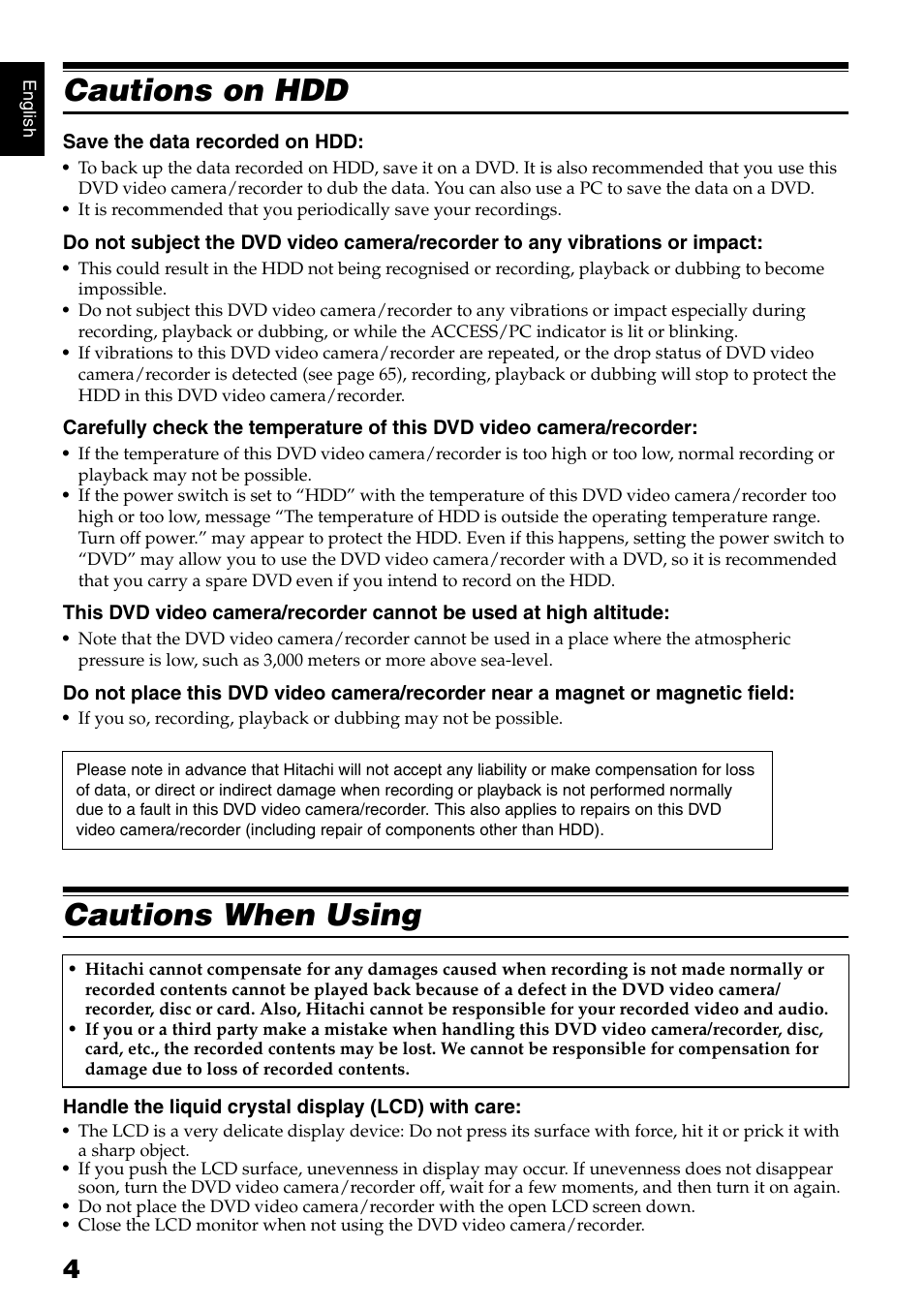 Cautions on hdd, Cautions when using | Hitachi DZ-HS500SW User Manual | Page 4 / 160