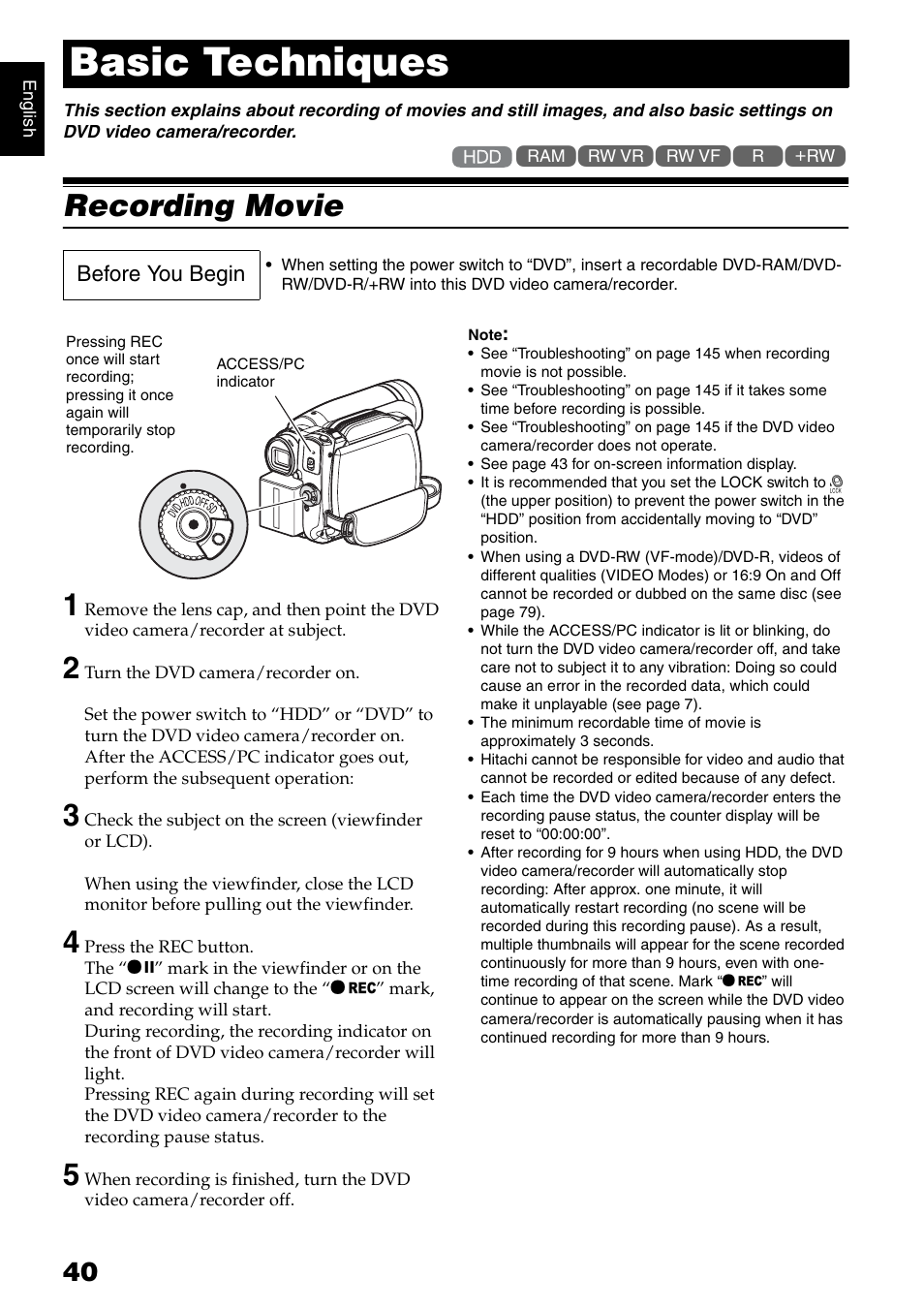 Basic techniques, Recording movie 1 | Hitachi DZ-HS500SW User Manual | Page 40 / 160