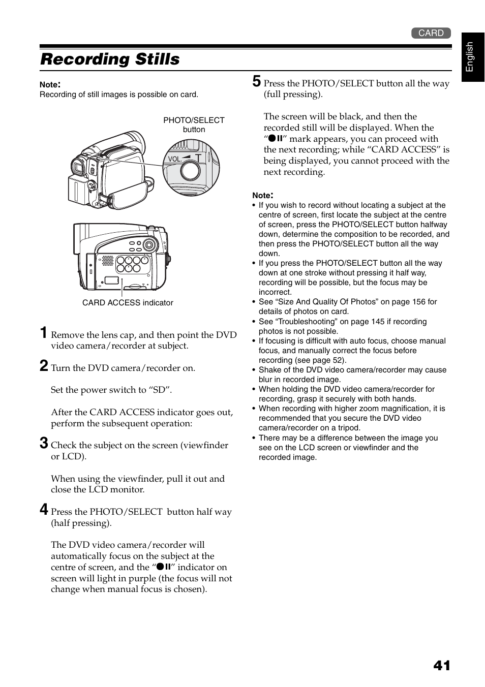 Recording stills | Hitachi DZ-HS500SW User Manual | Page 41 / 160