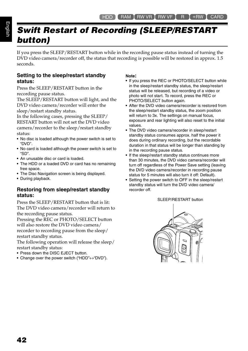 Swift restart of recording (sleep/restart button) | Hitachi DZ-HS500SW User Manual | Page 42 / 160
