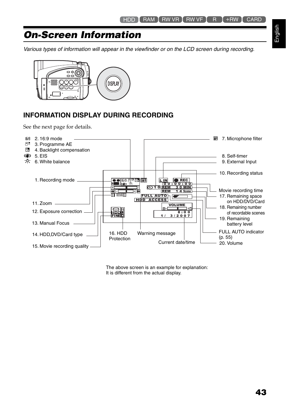 On-screen information, Information display during recording | Hitachi DZ-HS500SW User Manual | Page 43 / 160