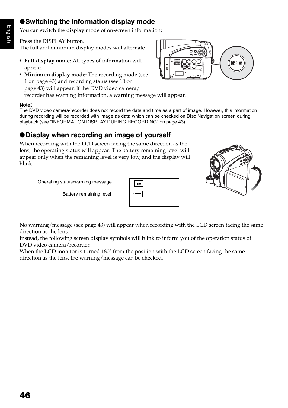 Switching the information display mode, Display when recording an image of yourself | Hitachi DZ-HS500SW User Manual | Page 46 / 160