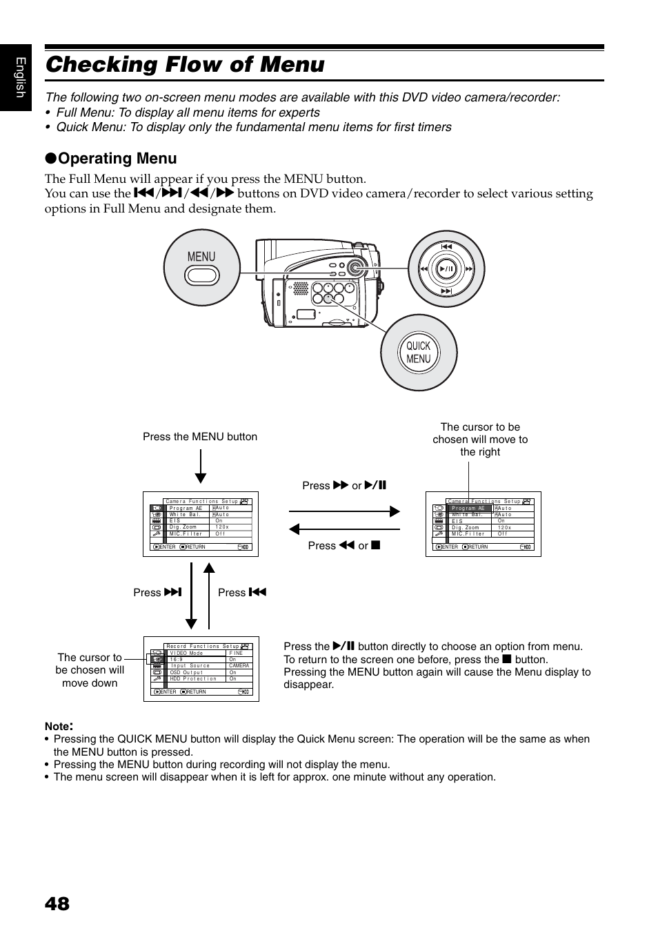 Checking flow of menu, Operating menu, En g lish | Hitachi DZ-HS500SW User Manual | Page 48 / 160