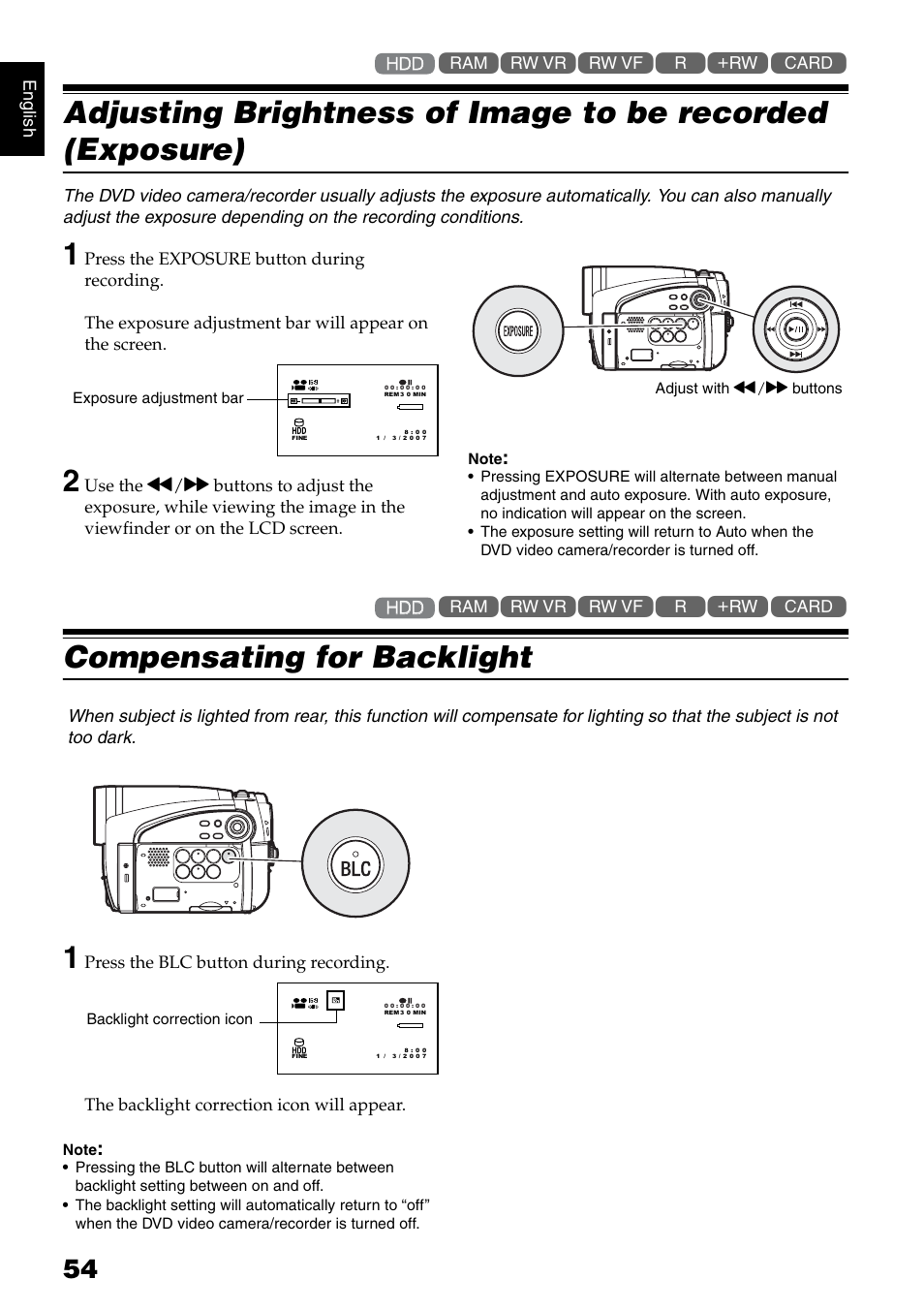 Compensating for backlight 1 | Hitachi DZ-HS500SW User Manual | Page 54 / 160