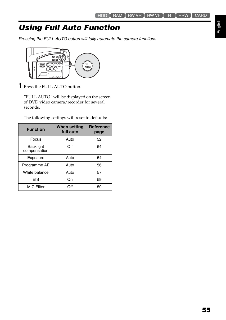 Using full auto function | Hitachi DZ-HS500SW User Manual | Page 55 / 160