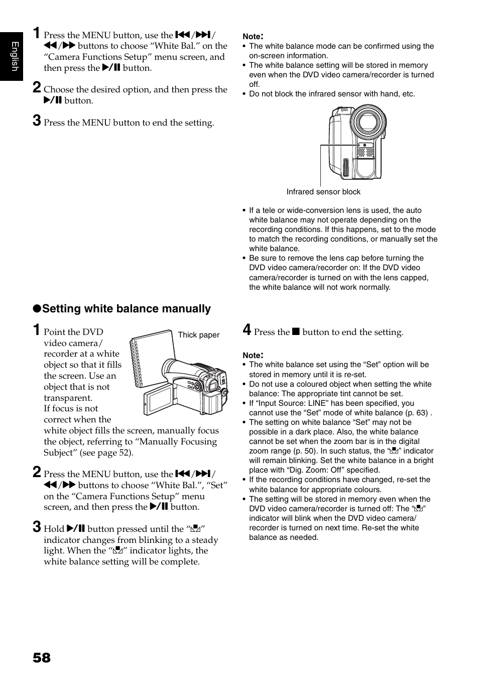 Setting white balance manually | Hitachi DZ-HS500SW User Manual | Page 58 / 160