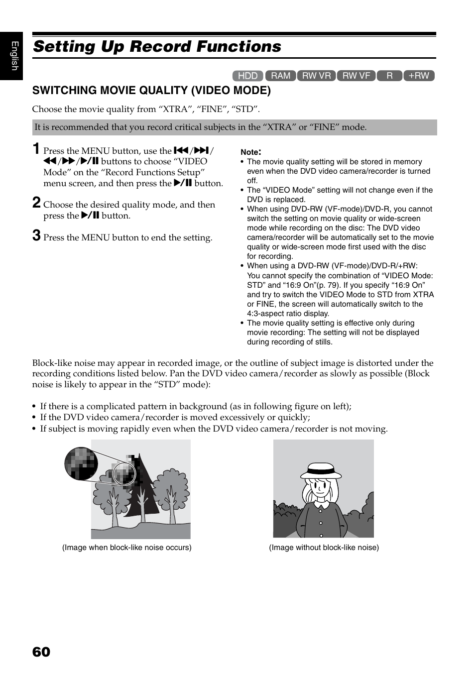 Setting up record functions | Hitachi DZ-HS500SW User Manual | Page 60 / 160