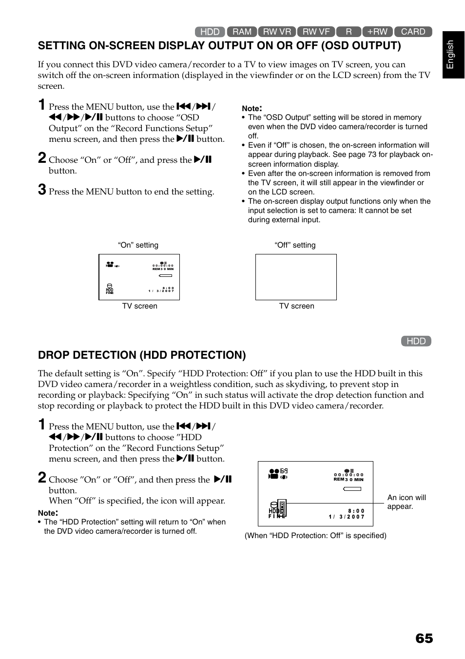 Drop detection (hdd protection) | Hitachi DZ-HS500SW User Manual | Page 65 / 160