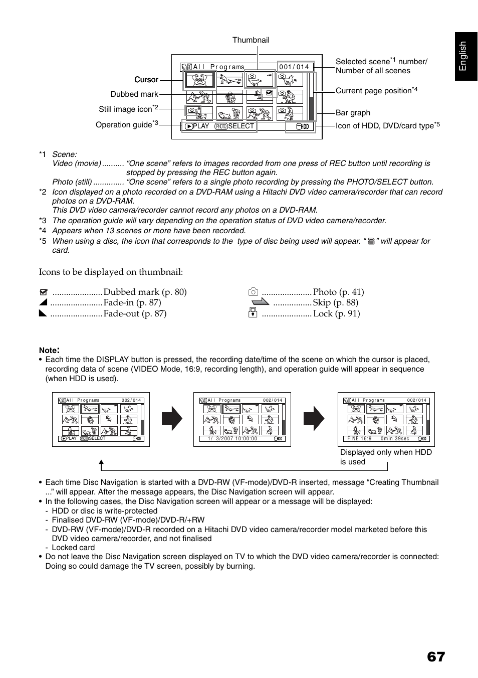 En g lish, Lock (p. 91) | Hitachi DZ-HS500SW User Manual | Page 67 / 160