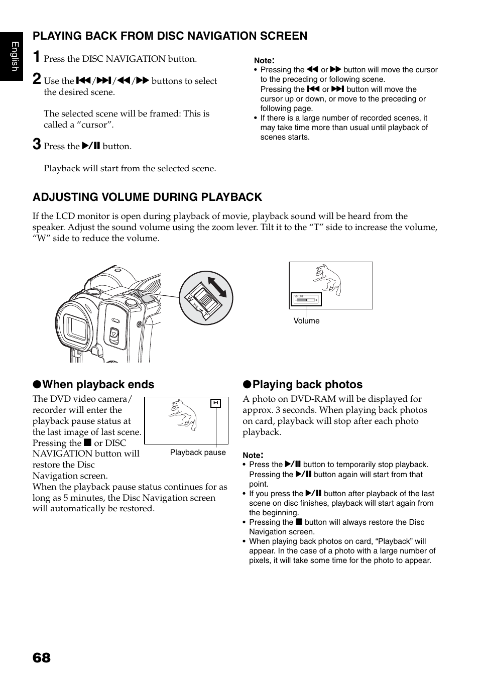 Playing back from disc navigation screen, Adjusting volume during playback, When playback ends | Playing back photos | Hitachi DZ-HS500SW User Manual | Page 68 / 160