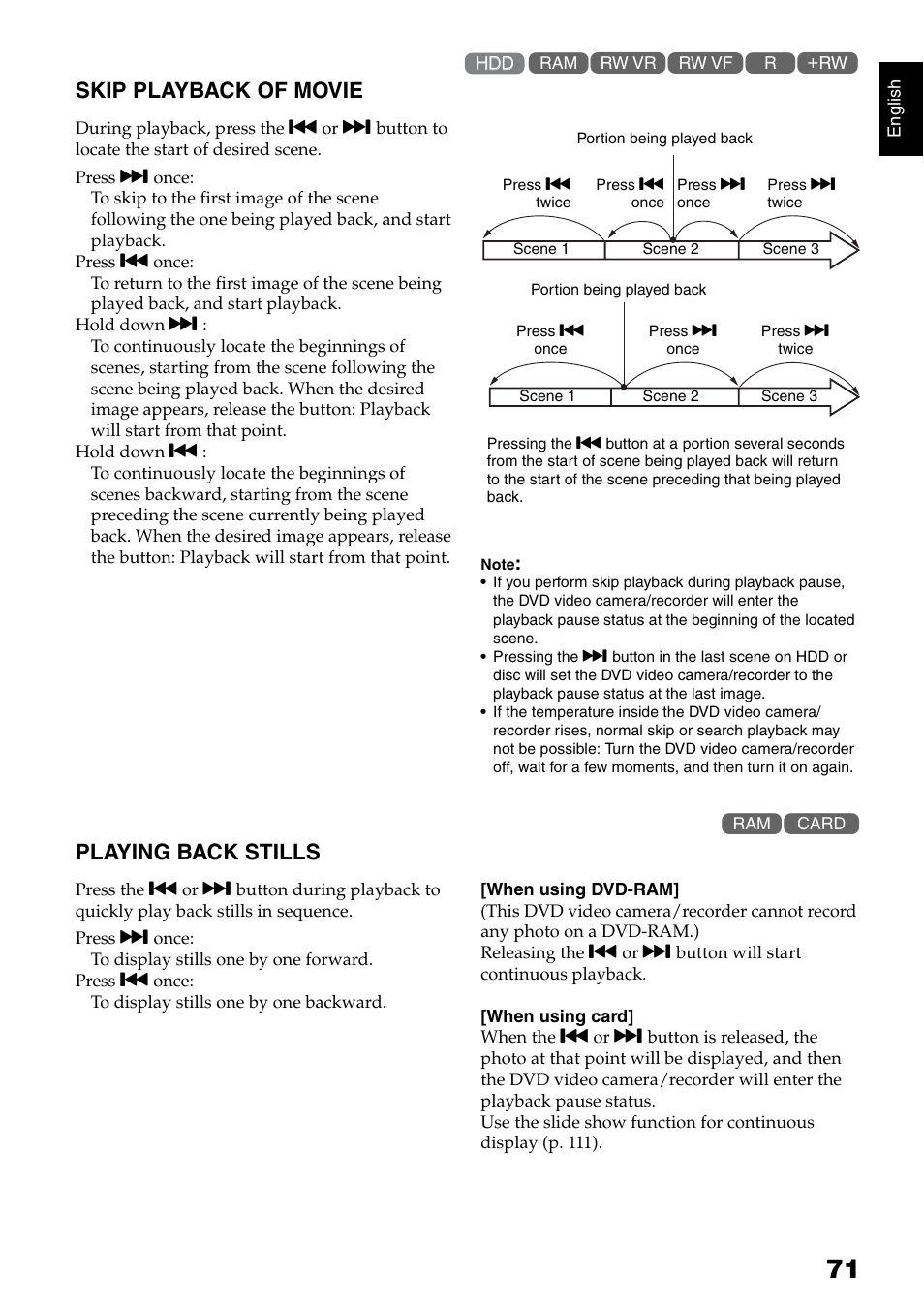 Skip playback of movie, Playing back stills | Hitachi DZ-HS500SW User Manual | Page 71 / 160