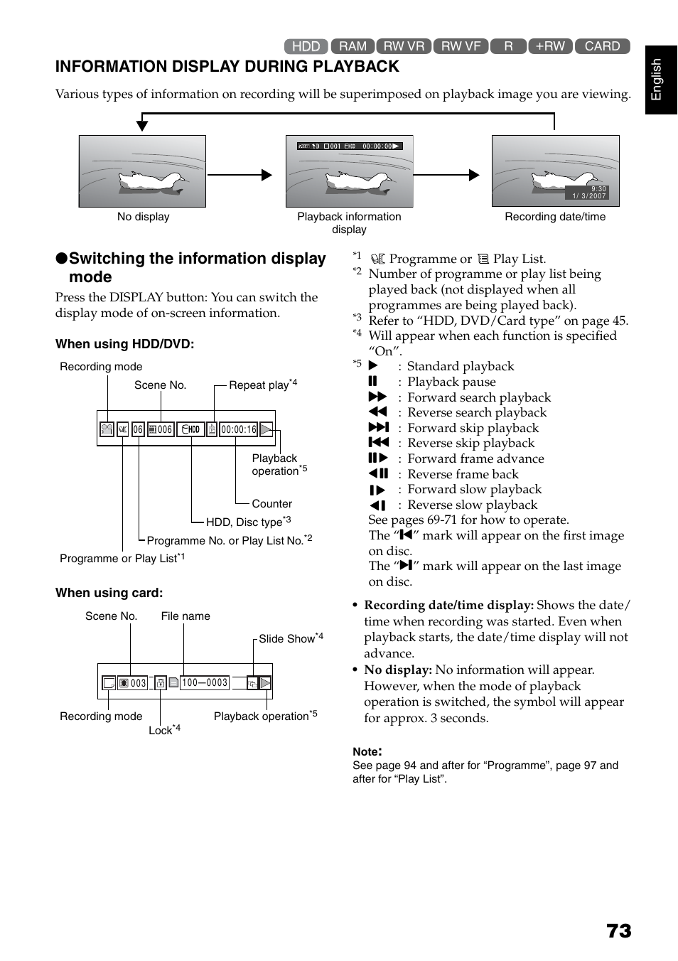 Information display during playback, Switching the information display mode | Hitachi DZ-HS500SW User Manual | Page 73 / 160
