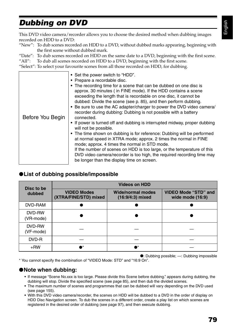 Dubbing on dvd, List of dubbing possible/impossible, Before you begin | Hitachi DZ-HS500SW User Manual | Page 79 / 160
