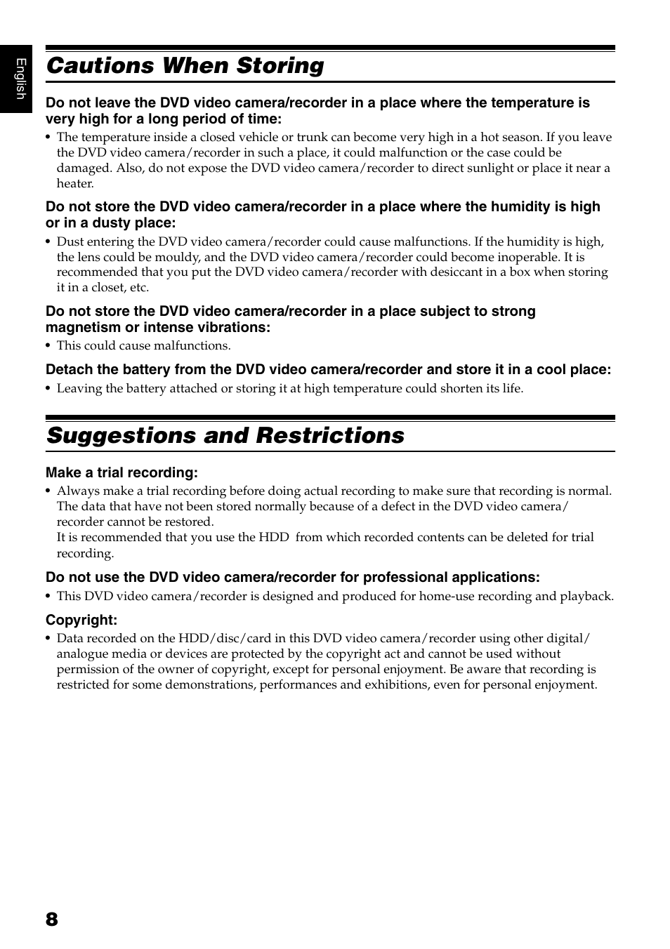 Cautions when storing, Suggestions and restrictions | Hitachi DZ-HS500SW User Manual | Page 8 / 160