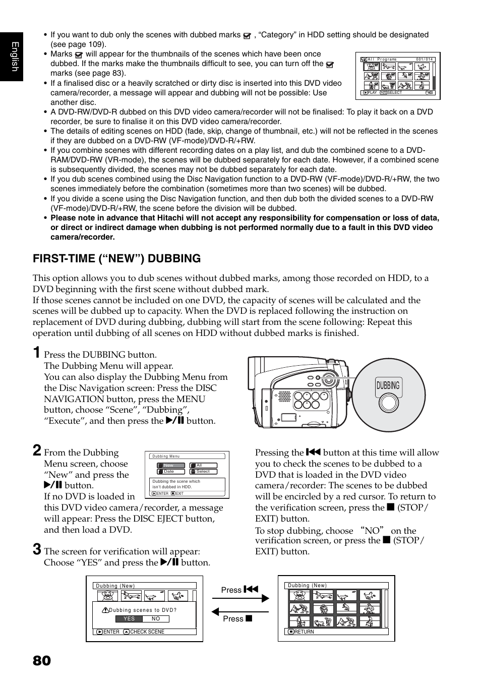 First-time (“new”) dubbing, En g lish | Hitachi DZ-HS500SW User Manual | Page 80 / 160